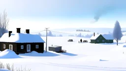 realistic, snow covered landscape. houses totally covered in snow, only chimny's visible, smoke from chimies, old flimsy wieerd hill billy trailer trans farmer, trying to remove the snow