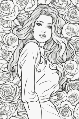 modern cartoon drawing style high contrast coloring page of a happy beautiful woman with long hair, surrounded by roses, close up head shot, dynamic pose, upper body portrait, illustration, adult coloring page, thick outline, no details