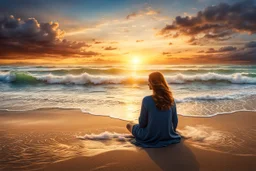 A woman is sitting on the beach near the ocean, with the waves soothing backdrop, peaceful and relaxing atmosphere, sunset, detalied, high textures, photorealistic