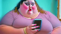 lady with really fat hands holding greasy phone