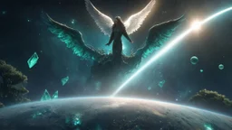 matrix universe, space, planets, god creation, angels from other dimensions with beautiful wings, trees on the planet, behind green crystals of light, few tiberium monolith deposits on the planet near tree,