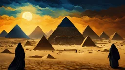 pyramids egypt, digital painting, silhouetted figures, moody atmosphere, warm and cool color contrast, masterpiece by van gogh, 4k textures, ultra detailed