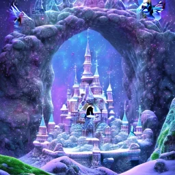 cristal angelic castle crystalline, blue,pink , cosmic, opalescent, gemstones, crystals, other worldly,water, rock, moss,bright, ice background, snow lake blue