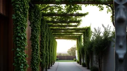 A modern architectural design featuring a linear pergola structure covered in lush green ivy, creating a natural canopy overhead. The pergola extends into the distance, framing a serene landscape. To the left, a building facade with vertical wooden planks and a hint of reddish-brown trim is visible, suggesting a contemporary dwelling. A narrow pathway, possibly made of light-colored gravel or sand, runs alongside the pergola, reflecting the soft, warm light of either dawn or dusk. A large, grey