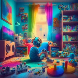 A boy is sitting on the sofa in his room listening to music with headphones, and his toys have come to life and are playing around him. A room full of joy and color.