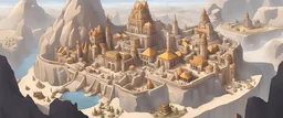 Imagine a massive Dwarven city depicted as a mind map. The mind map showcases the key locations and architectural landmarks of the city, emphasizing its grandeur and magnificence. The city is located inside an enormous cavern, In the center of the city stands a dwarven fortress, exuding an aura of power and opulence, with imposing columns and elaborate iron pillars adorning its facade, a river flows through the city with a bustling port in the outskirts of the city.