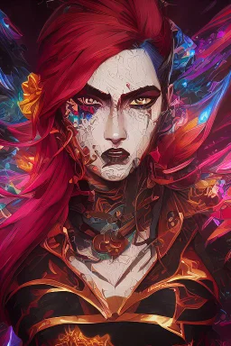 Generate a captivating digital artwork where a vivid explosion of images on a canvas bursts forth, weaving together elements of a woman, demons, tattoos, flowers, and stormy hues. Capture the essence of dynamic creativity in this abstract masterpiece."