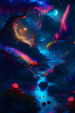 an idyliic forest with bright colorful flowers, mountains, a small river, paradise, heavenly atmosphere in the moonlit night, detailed painting, deep color, fantastucal, intricate details, splash screen, complementary colors, fantasy concept art, 16K resolution, artstation unreal engine 5, night cafe, stable diffusion