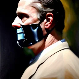 Ultra detailed fullbody Portrait in oil on canvas of Hannibal Lecter with mask,intense stare, extremely detailed digital painting, extremely detailed face,crystal clear Big Glowing eyes, mystical colors ,perfectly centered image, perfect composition, rim light, beautiful lighting, 8k, stunning scene, raytracing, anatomically correct, in the style of robert e howard and Ken Kelley and Ohrai Noriyoshi and Simon Bisley and tomzj1