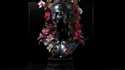 The image depicts a sculptural representation of a humanoid figure with a blank face, surrounded by an array of vibrant flowers and botanical elements. In detail, the scene features a central black sculpture resembling a bust, which lacks facial features and is framed within a shadowed enclosure. Surrounding the bust are various types of orchids and other flowers, such as pink and white blooms. The botanical elements are vivid, showcasing rich greens and bright colors that create a lively contr