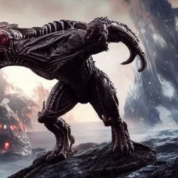 hybrid kaiju between alien xenomorph of ridley Scott and iron man