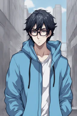 anime man with black hair in a blue hoodie with glasses