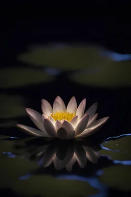 a night scene with a luminous water lily, emitting light from within, floating on the surface of a water, water reflection