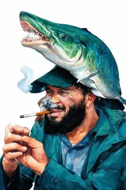 man with catfish shark head smoking a cigarrette in the style of mirayaki