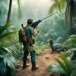 35mm film photography, [photorealistic art] a hunter with a rifle aiming at a Chilesaurus diegosuarezi. the boys in the jungle, high detail, vintage pellicule, film effect, dramatic dutch light