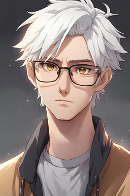 Anime Style, Young Adult Male/ Short, White Hair/ White Colored Eyebrows/ Golden Colored Eyes/ Wearing Glasses/