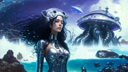 woman with dark hair in a silver robotic catsuit, standing on a futuristic alien beach with a crashed spaceship in the water, with mushrooms with octopus tentacles flying in the air