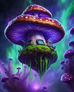 A floating island mushroom house in space. green blue purple cosmic, deep space nebulas. Detailed gloss Painting, bright color, fantastical, intricate detail, splash screen, hyperdetailed, insane depth, concept art, 8k resolution, trending on Artstation, Unreal Engine 5, color depth, backlit, splash art, dramatic, High Quality Whimsical Fun Imaginative, good composition
