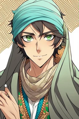 Draw 5 illustrations of an anime character ( man ) with a comic style, colored, wearing traditional Arab clothing, and with white eyes and black hair