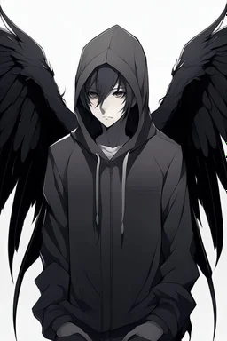 Anime man with black wings, wearing a hoodie