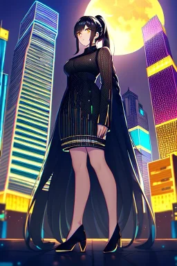 girl, masterpiece, best quality, cinematic lighting, detailed outfit, perfect eyes, black hair, golden eyes, long hair, ponytail, braided ponytail, girl standing in a modern cityscape at night with a bright yellow moon in the background, detailed cityscape illustration, neon lights, vibrant colors, dramatic lighting,