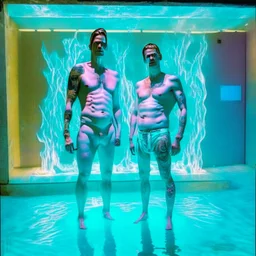 Nickolas MulLen and his boyfriend are standing above thier pool showered spa heater while in tight loincloths and Nickolas is flexing there muscles while illuminated by the ambient teal glowing on the glowing marbled floor made of long flat marble slabs, the ground next to the clinical yard is in the style of primitive art. metalworking mastery, fawncore, the immaculately composed quality of this photo shows the artist was taken with provia, detailed wildlife, isaac grünewald, rustic simplicity