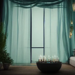 a gorgeous, stunning spa with gauzy curtains, dark wood floor, decorative blue-green ocean in glass ball, plants, smooth black stones, candles, 8k resolution, high-quality, fine-detail, digital art, detailed matte, volumetric lighting, illustration, 3D octane render, brian froud, howard lyon, selina french, anna dittmann, annie stokes, lisa parker, greg rutowski, George Grie, Ben Goossens, Igor Morski