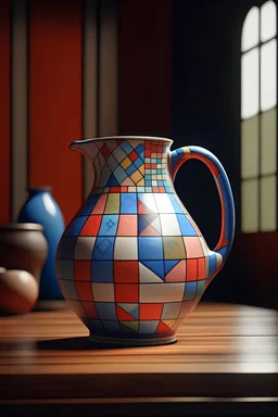 beautiful ceramics studio photograph of a tall colorful geometric symmetrical porcelain jug glazed by paul klee placed on a polished wooden table, hyperrealism 8 k trending on artstation
