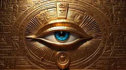 3d, cartoon, Egyptian motif, A metallic bas relief of the Eye of Horus on a wall surrounded by hieroglyphics well lit cinematic bright incandescent lighting