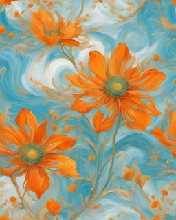 bright light and turquoise , gold and orange flower van Gough white background