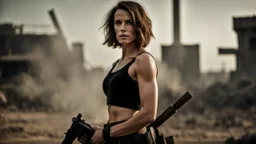 ducking beautiful slender caucasian female technician with a knife, looking away from camera, black tank top, well toned muscles, weathered face, scratched sand camo metal details, short brunette wavy bob haircut, dystopian, postapocalyptic city scene with smoke and explosions. giant satelite dish in the background