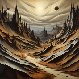 Creepy landscape, strong texture, artistic, volumetric light, Yves Tanguy, Egon Schiele, 3d abstractism