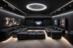 a black themed dedicated home cinema room with LED ambient lighting in the walls make sure the room is completely symmetrical