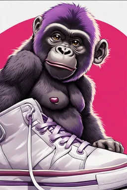 a profile picture of a small gorilla sitting in a purple coloured Converse sneaker, like it's a car, comic style