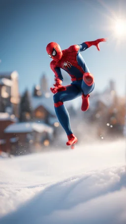 spider man jumping doing winter freestyle ski jump trick, bokeh like f/0.8, tilt-shift lens 8k, high detail, smooth render, down-light, unreal engine, prize winning