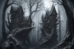  Wednesday Adams, black and white, one tall narrow scary house , pointy roof, cursed trees , dense dark forest, forest background, spiders, bats, bones, Escher style