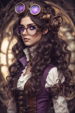 A girl with long, wavy dark brown hair, steampunk glasses on her head, purple eyes, dressed in steampunk clothes