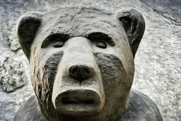 a human with a head of a bear, ancient stone statue, rustic, photograph,