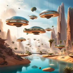 In this futuristic scene, houses are perched on levitating stones, interconnected by suspended bridges. The ethereal setting combines the architectural charm of floating homes with the structural elegance of hanging bridges, creating a harmonious blend of innovation and fantasy. Including Watherfalls. The Scene are in the desert. Flight objects in the sky