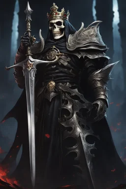 a demonic looking man with a sword in his hand, undead skeleton king, dark souls, skeleton king, overlord season 4, ainz ooal gown, prince crown of black gears, the king of death, king of time reaper, overlord, lich vecna (d&d), dark and forboding, from overlord, scary knight, large black smile Overlord