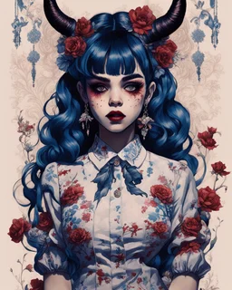 Poster in two gradually, a one side wears a smart shirt which is embroidered with bluered flowers and ornaments, has dark eyes and horns,malevolent goth vampire girl face and other side the Singer Melanie Martinez face, full body, painting by Yoji Shinkawa, darkblue and sepia tones,