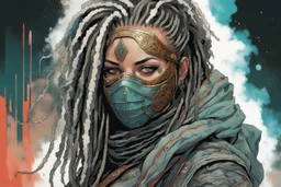 front facing full length portrait illustration of a grunge armored female , beaded dreadlock hair, cyberpunk vampire mercenary wearing an ornate noh mask , and shemagh, highly detailed with gritty post apocalyptic textures, caught in a cosmic maelstrom of swirling gases , finely detailed facial features and hair, in the graphic novel style of Bill Sienkiewicz, and Jean Giraud Moebius, ink wash and watercolor with realistic light and shadow