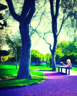 park mystical dream, park bench, man, woman, child, dog, pretty blue and purple trees, blue path, bird, jogger, sunshine, mystical, fantasy, romanticism, cinematic, cinematic lighting, award-winning, beautiful colors, daylight, daytime, vibrant,