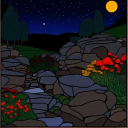 Colourful, peaceful, Egon Schiele, Max Ernst, night sky, rocks, trees, flowers, one-line drawing, sharp focus, 8k, deep 3d field, intricate, ornate