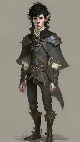 a teen elf. he has curly, black hair and sharp cheekbones. His eyes are black. He wears fantasy medieval clothes. he is lean and tall, with pale skin. full body with boots