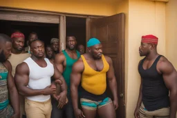 group of big stocky black muscular men from Niger , tank top, bulging shorts, inside a modest living room, queuing in front of the door of a room