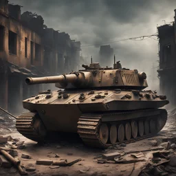 apocalyptic , atmospheric ancient Panzer Tank with luggage ruined city night war zone