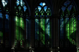 stained glass windows in a dark cathedral monumental