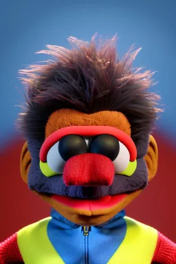 Waist up muppet Portrait, Nicolas maduro us muppet doll, Venezuelan president, tracksuit red blue and yellow, mustache, photo studio, red background, unreal engine 5, concept art, art station, ray tracing, lumen lighting, ultra detail, volumetric lighting, 3d.