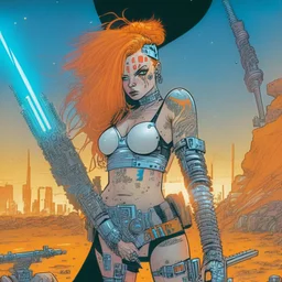 Una mujer egirl de pelo naranja cyberpunk con tatuajes fittnes en armadura plateada futurista en un estilo de comic de 1980 en un wasteland en montevideo con una sable de luz tipo star wars. Es una tapa de comic.